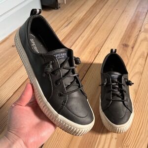 Sperry Crest Vibe Black Leather Sneakers Womens 9.5 STS80641 Slip On Low Top